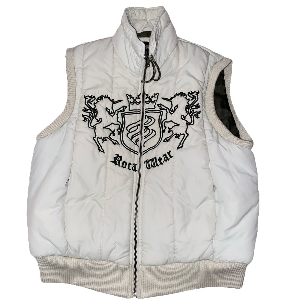 Rocawear Vintage Large Ivory Puffer Vest Unicorns Crown Crest Early 2000s Y2K